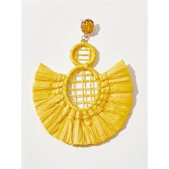 Women’s Statement Raffia Tassel Earrings Boho Dangle Drop Yellow - Picture 3 of 6